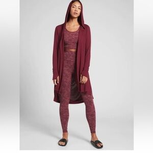 Athleta-S-Bell Burgundy-Harmony wrap, hooded, long sleeve, thumb hole cardigan